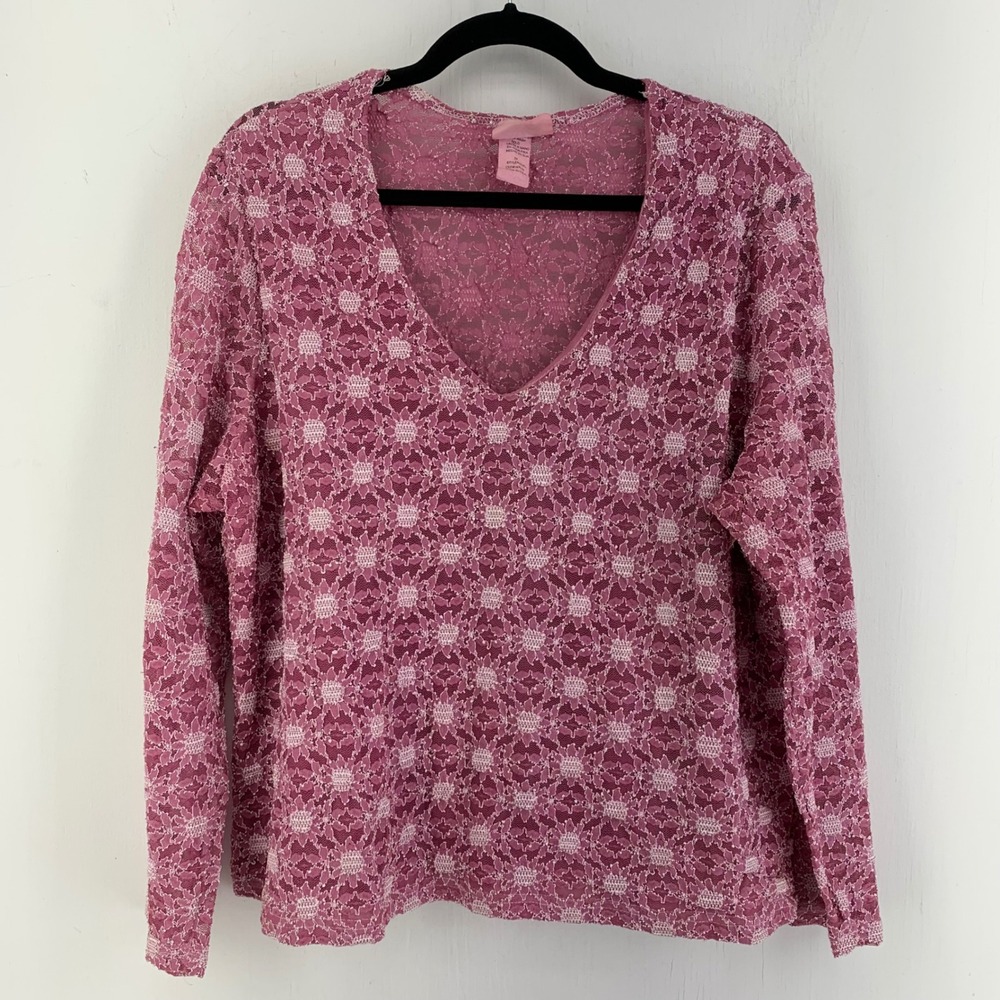 Vtg Y2K Diva of California Pink Floral Lace V-Neck Coquette Top 3X Grandmacore